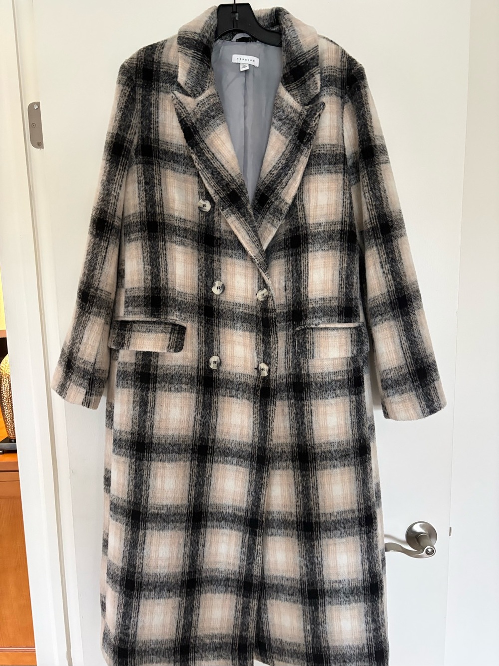 Topshop Plaid Double-Breasted Long Trench Coat in Black and Cream